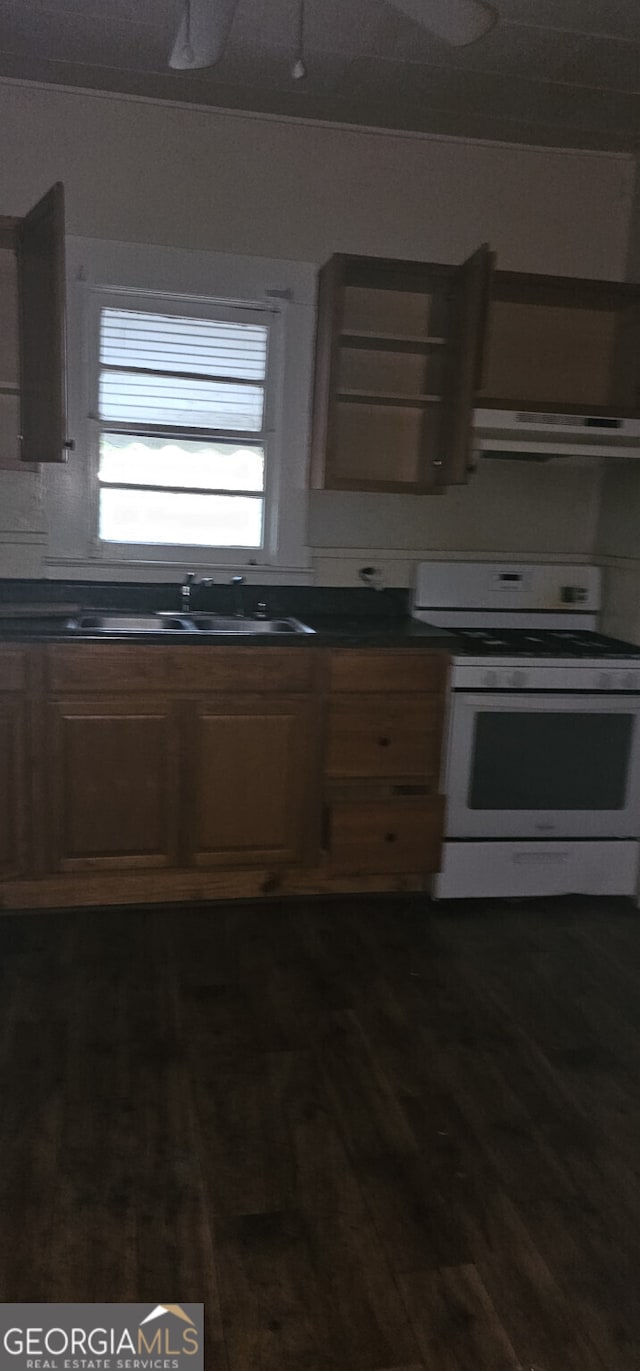 kitchen featuring dark hardwood / wood-style flooring, white range with gas stovetop, extractor fan, and sink