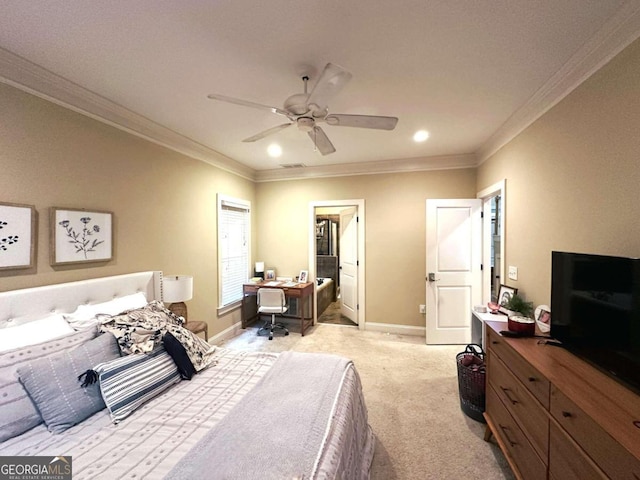 bedroom with light carpet, ceiling fan, and crown molding