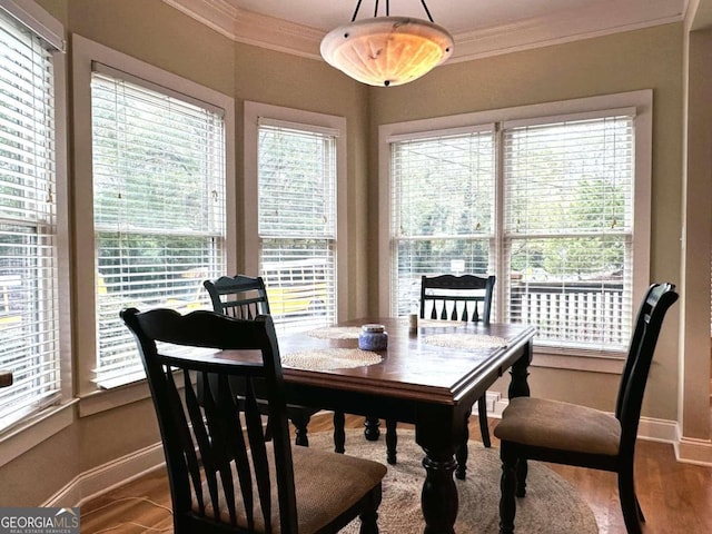 dining space with a wealth of natural light, hardwood / wood-style flooring, and crown molding