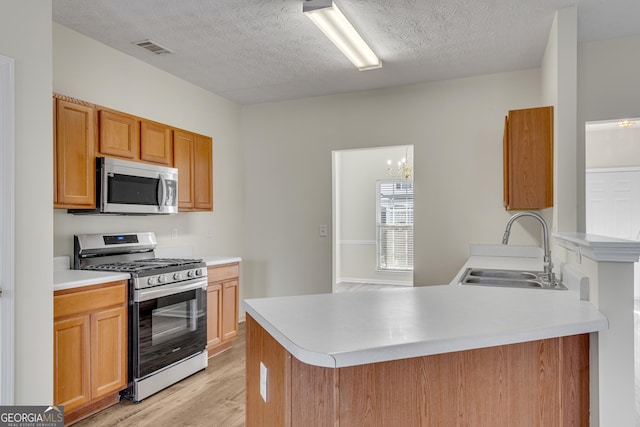 kitchen with visible vents, a sink, appliances with stainless steel finishes, a peninsula, and light countertops