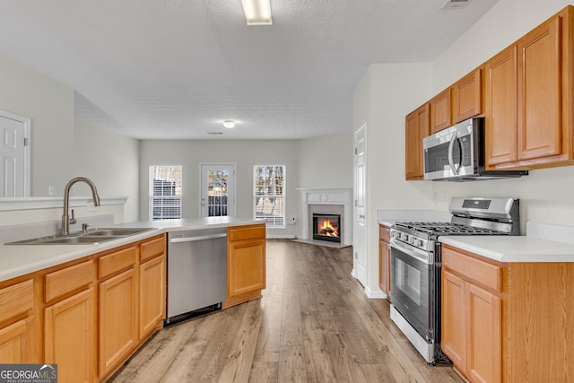 kitchen featuring a sink, a glass covered fireplace, appliances with stainless steel finishes, light wood finished floors, and light countertops