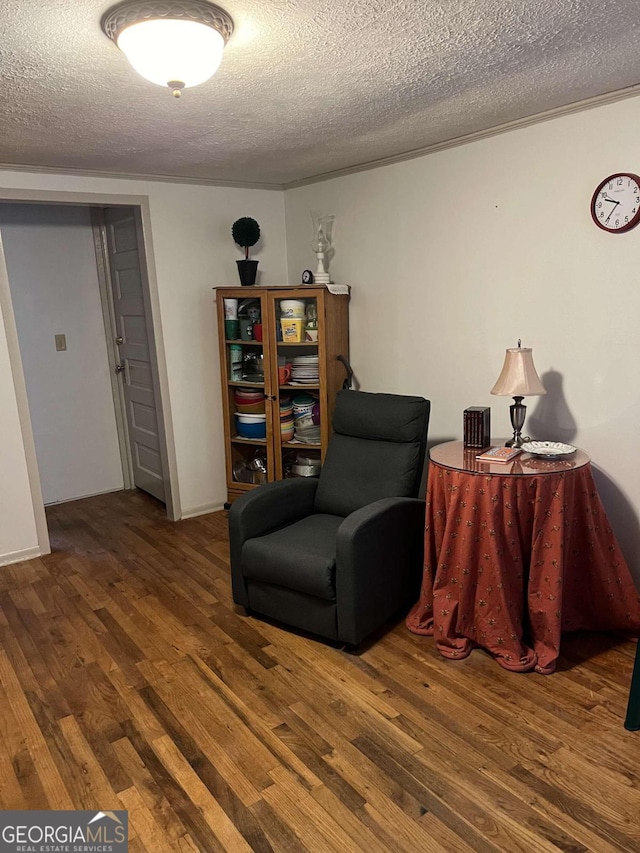 living area featuring dark wood-type flooring and a textured ceiling