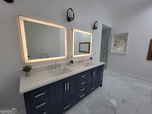 275 Allie Dr, Mcdonough, GA 30252 - full bathroom featuring marble look tile flooring, double vanity, a shower with shower door, and baseboards