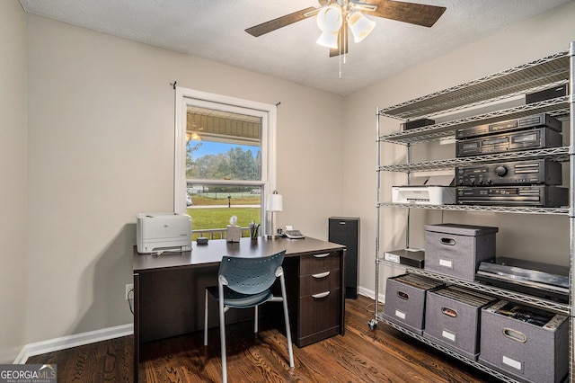 office with ceiling fan, dark hardwood / wood-style flooring, and a textured ceiling