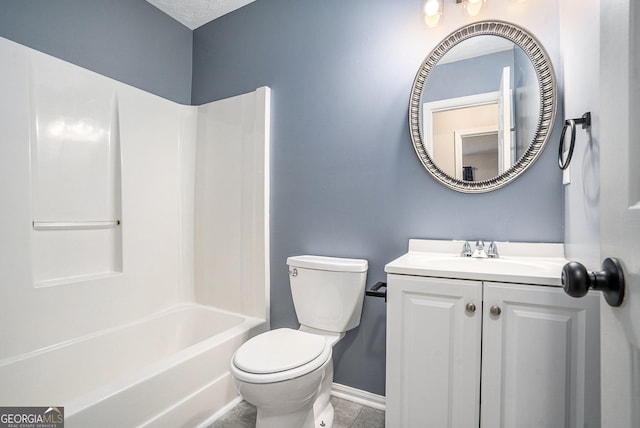 full bathroom featuring vanity, tile patterned flooring, toilet, a textured ceiling, and tub / shower combination