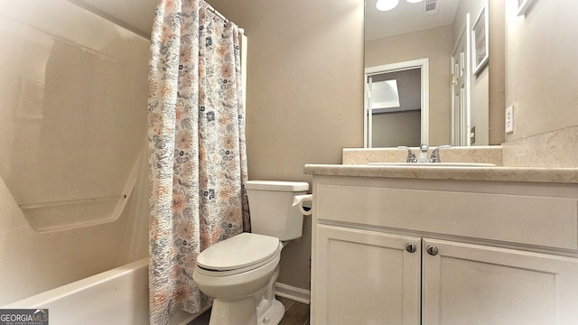 full bathroom with vanity, toilet, and shower / bathtub combination with curtain