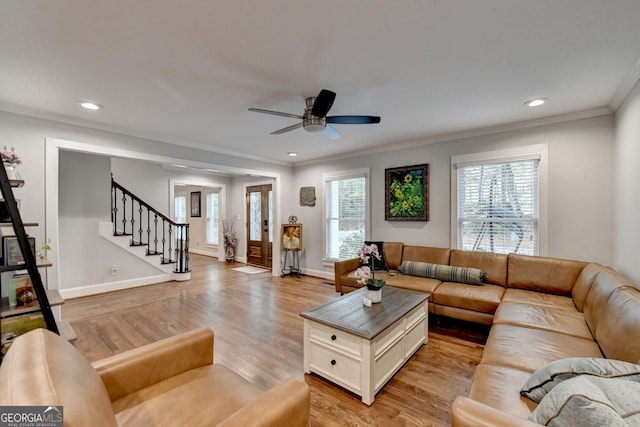 living room featuring light wood-type flooring, ceiling fan, and crown molding