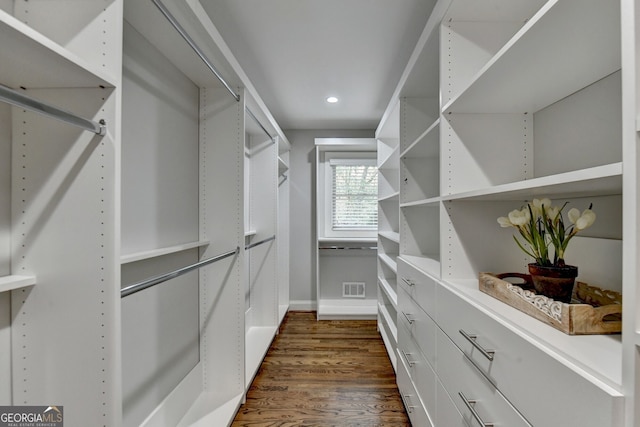 spacious closet featuring dark hardwood / wood-style flooring