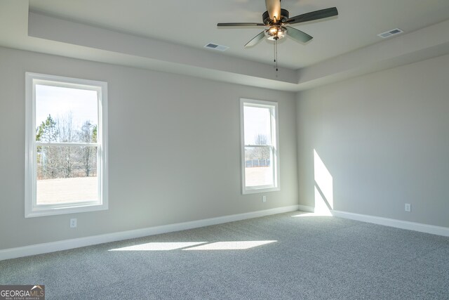 spare room featuring ceiling fan, a tray ceiling, and carpet