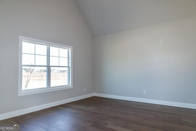 spare room featuring high vaulted ceiling and dark hardwood / wood-style flooring