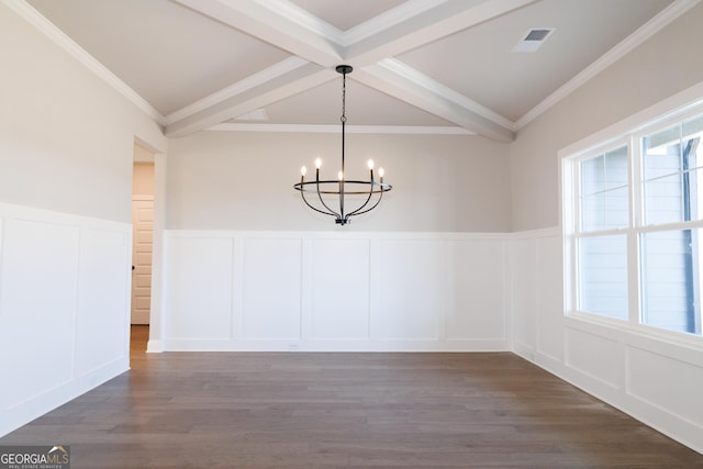 unfurnished dining area with ornamental molding, dark hardwood / wood-style floors, a chandelier, and lofted ceiling with beams