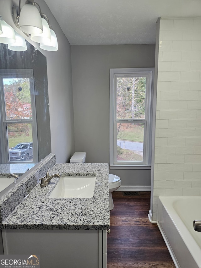 bathroom featuring toilet, a washtub, vanity, and hardwood / wood-style floors