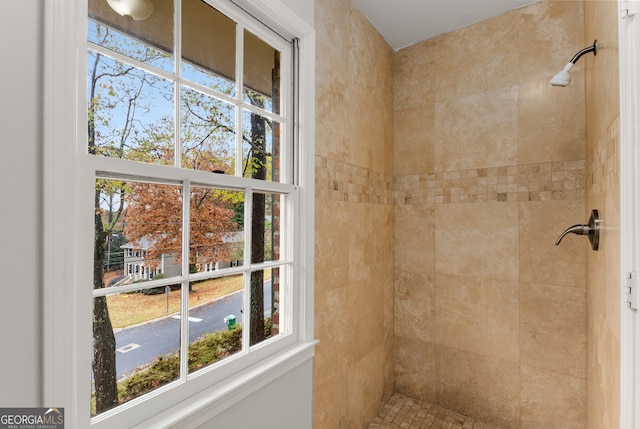 bathroom with plenty of natural light and tiled shower