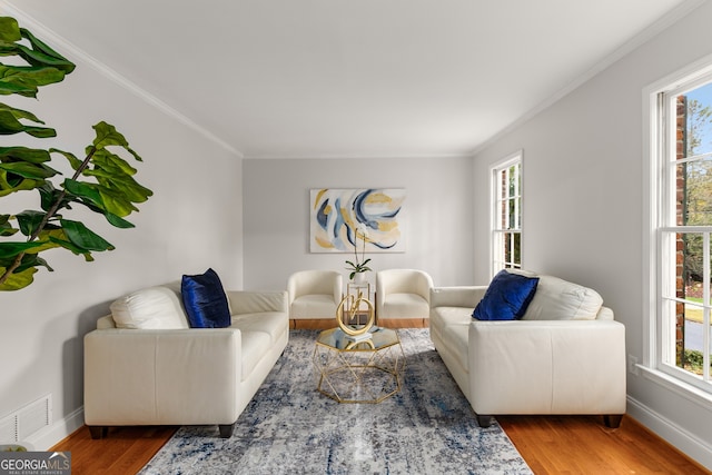 living room with wood-type flooring and crown molding