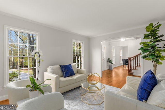 living room featuring hardwood / wood-style flooring, crown molding, and a healthy amount of sunlight