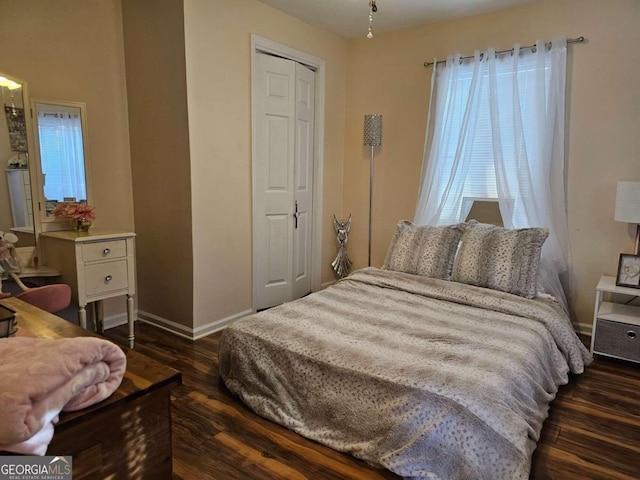 bedroom featuring dark wood-type flooring and a closet