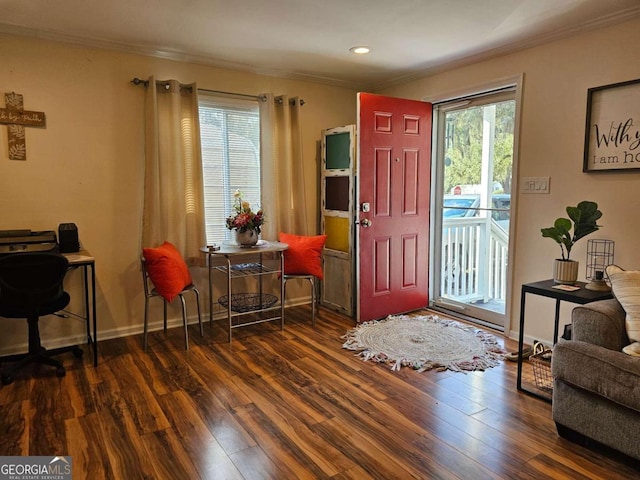 entryway with crown molding, a wealth of natural light, and dark hardwood / wood-style flooring