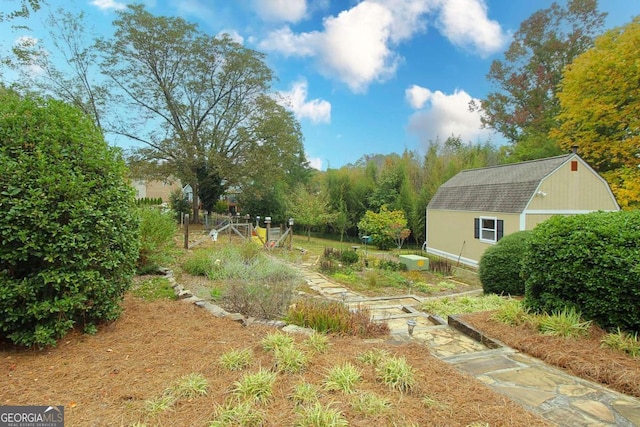 view of yard with a storage shed