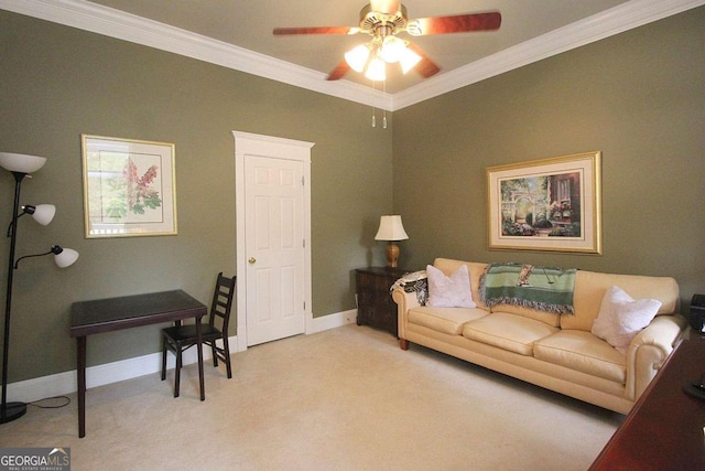 living room with ornamental molding, light colored carpet, and ceiling fan