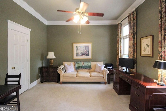 living room with light carpet, crown molding, and ceiling fan