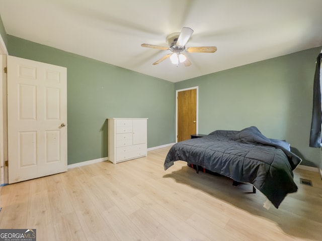 bedroom featuring ceiling fan and light hardwood / wood-style floors