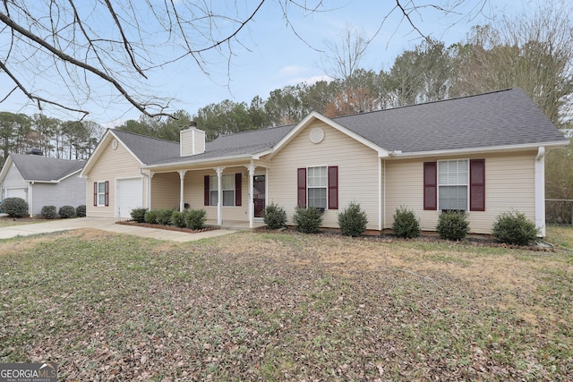 ranch-style house with a garage, a front lawn, and covered porch