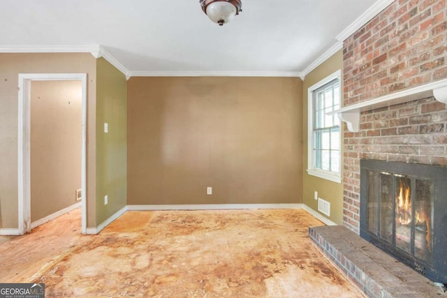 unfurnished living room featuring a brick fireplace and crown molding