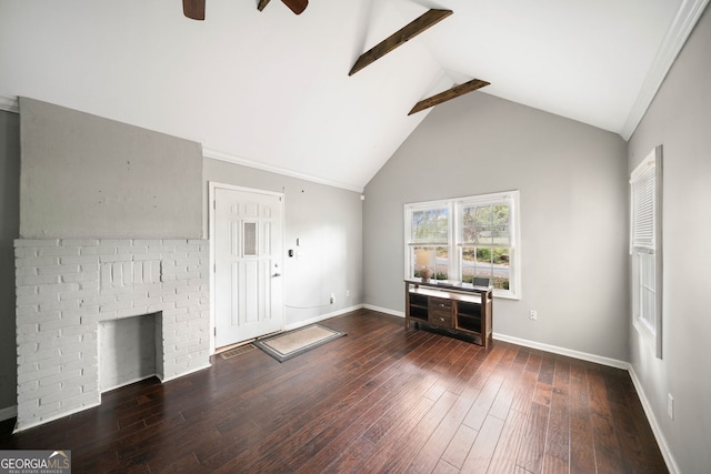 unfurnished living room featuring a brick fireplace, dark hardwood / wood-style flooring, high vaulted ceiling, beamed ceiling, and ceiling fan