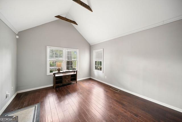 spare room featuring high vaulted ceiling, dark wood-type flooring, and beamed ceiling