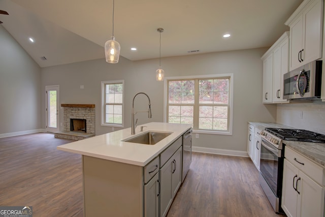 kitchen with a wealth of natural light, appliances with stainless steel finishes, sink, and a center island with sink