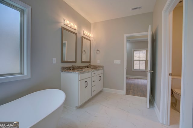 bathroom with a tub to relax in, vanity, and toilet