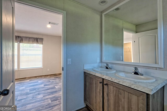 bathroom with vanity and wood-type flooring