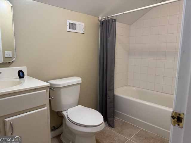 full bathroom featuring toilet, shower / tub combo with curtain, vanity, and tile patterned flooring