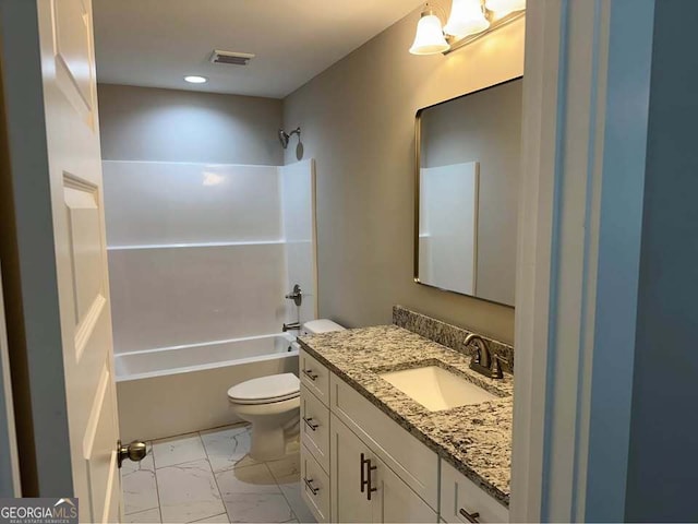 full bath with visible vents, toilet, marble finish floor, vanity, and shower / bathing tub combination