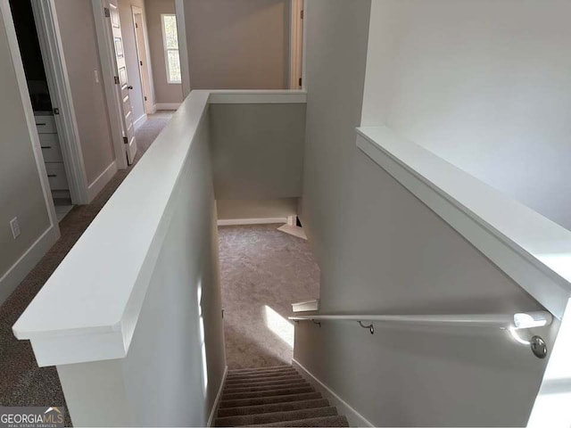 stairway featuring carpet and baseboards