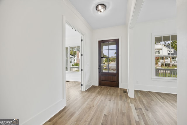 foyer with ornamental molding, light hardwood / wood-style floors, and plenty of natural light