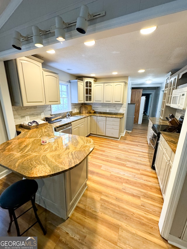 kitchen featuring kitchen peninsula, stainless steel appliances, light hardwood / wood-style floors, and tasteful backsplash