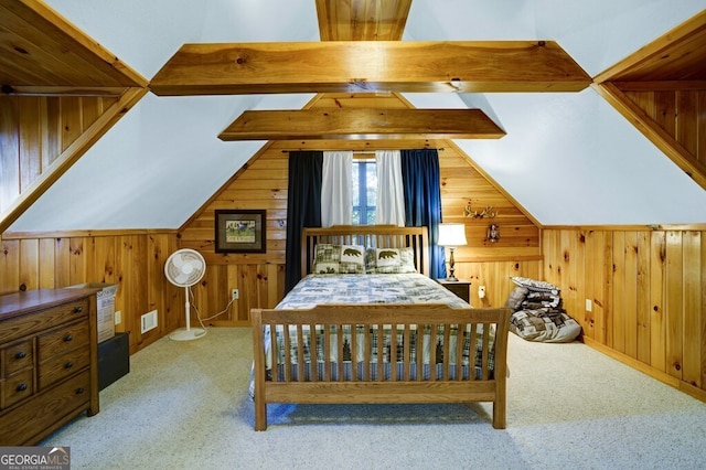 carpeted bedroom featuring lofted ceiling with beams and wood walls