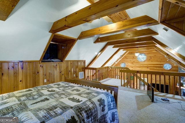 carpeted bedroom with vaulted ceiling with beams and wooden walls