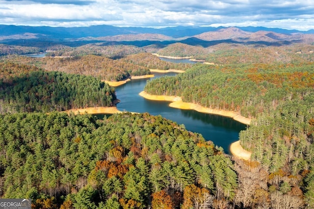 bird's eye view with a water and mountain view