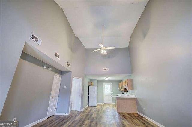 foyer entrance with high vaulted ceiling, wood-type flooring, and ceiling fan