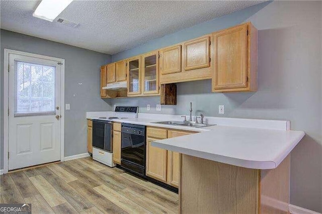 kitchen featuring white electric range oven, light wood-type flooring, black dishwasher, sink, and kitchen peninsula