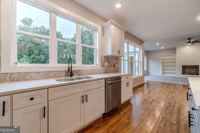 kitchen with white cabinetry, stainless steel dishwasher, a healthy amount of sunlight, and a fireplace