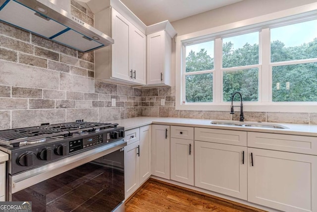 kitchen with light wood-type flooring, wall chimney exhaust hood, a wealth of natural light, and stainless steel gas range