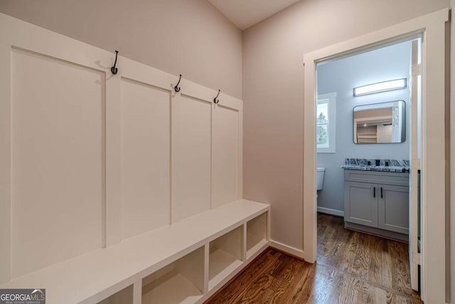 mudroom with dark wood-type flooring