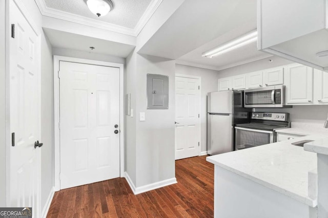 kitchen with electric panel, stainless steel appliances, dark hardwood / wood-style floors, crown molding, and white cabinetry