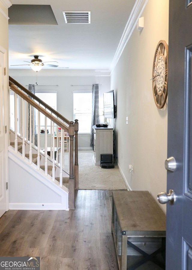 entrance foyer with hardwood / wood-style flooring, ceiling fan, and crown molding