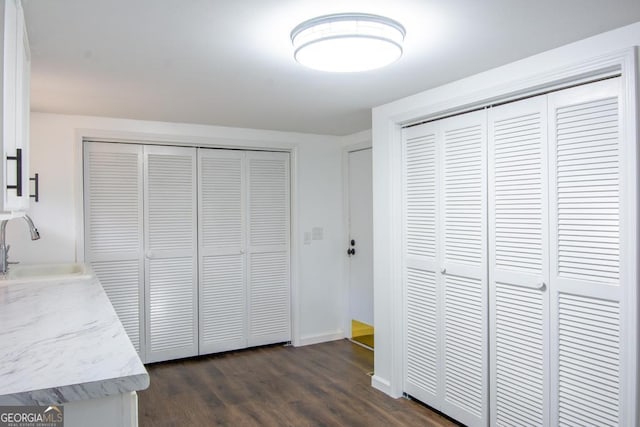 bedroom with dark hardwood / wood-style flooring and sink