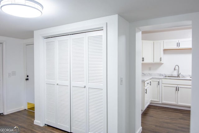 kitchen with white cabinets, dark hardwood / wood-style flooring, and sink