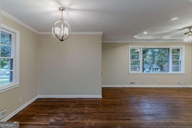 spare room featuring ornamental molding, ceiling fan with notable chandelier, and dark hardwood / wood-style flooring